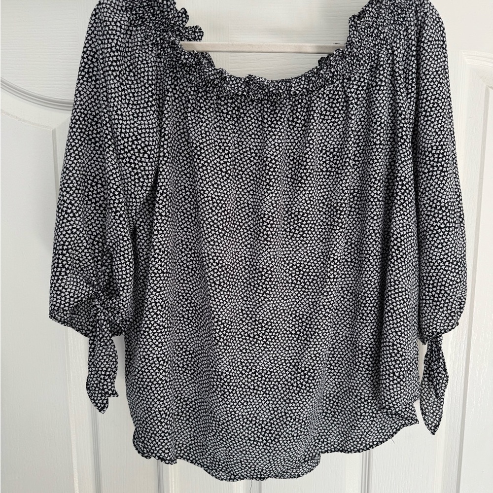 MICHAEL Michael Kors Black and White 3/4 Sleeve off the shoulder Ruffled Blouse